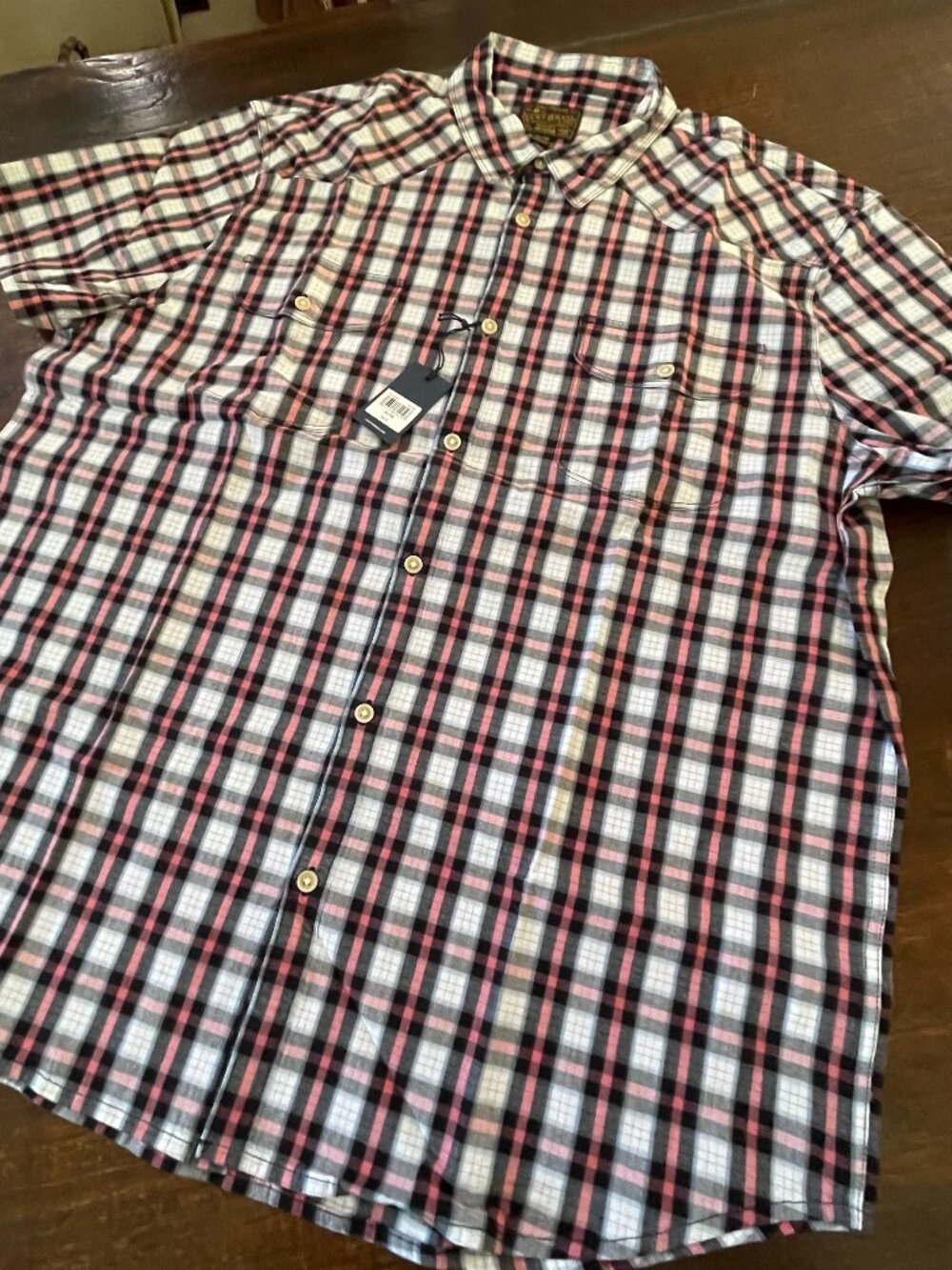 Lucky Brand Mens Short Slv Striped Plaid Pink/Blk Button-up Collar Shirt XL NEW
